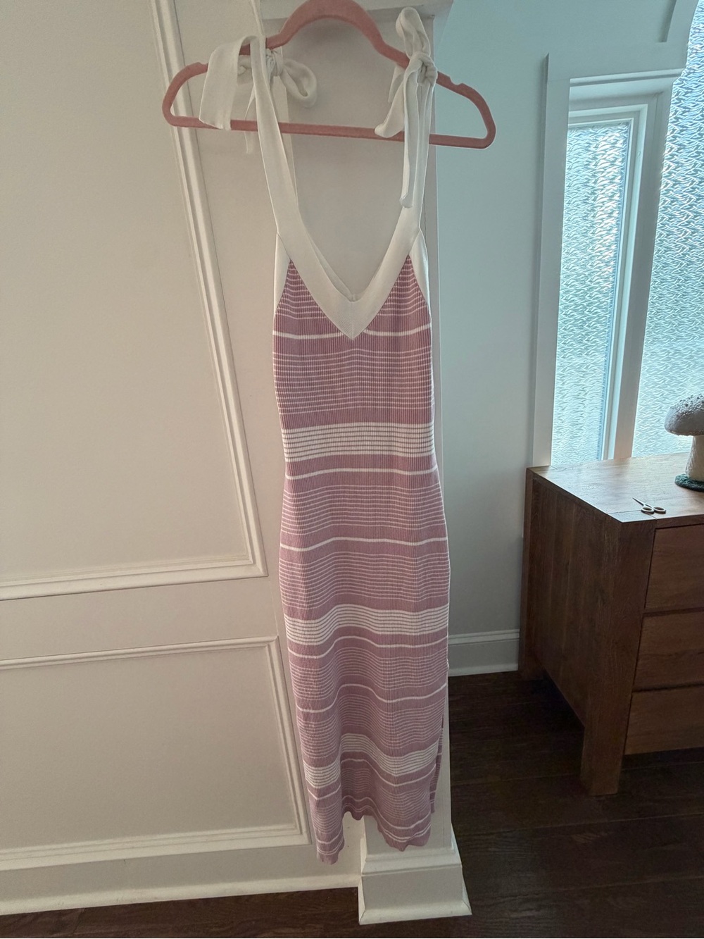 Tie-Shoulder Striped Midi Dress in Purple & White